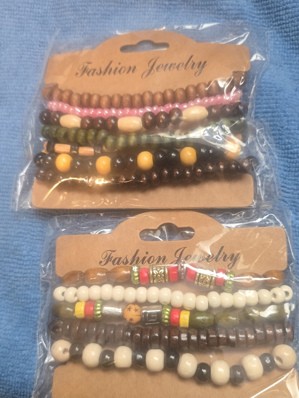 Fashion Jewelry Pink, Brown, Cream & Green Beaded Bracelet 2 Set
